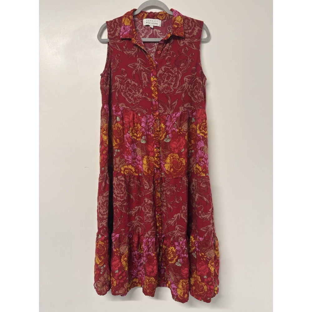 Margaux Riviera Red Floral Sleeveless Tiered Button Front Dress 1X‎ Festival#2